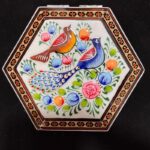 جعبه جواهرات خاتم کاری بزرگ شش ضلعی با نقاشی مینیاتور گل و مرغ