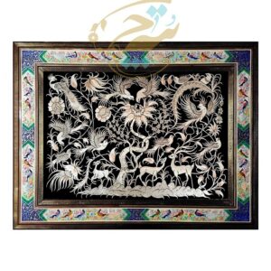 تابلو قلمزنی قاب خاتم کاری دوشصتی گوشه دار   گل و مرغ 70در90