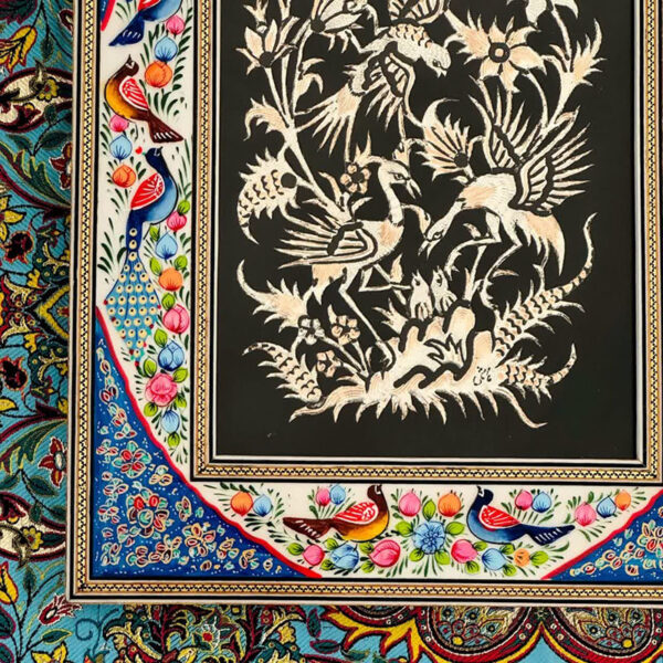 تابلو قلمزنی رومیزی با قاب خاتم کاری گل و بلبل 28در34 - Image 6