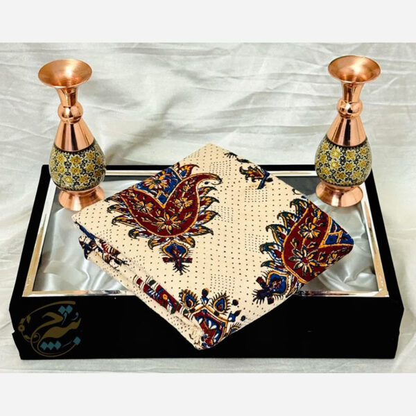ست هدیه خاتم کاری گلدان و رومیزی قلمکار با جعبه مخمل - Image 6