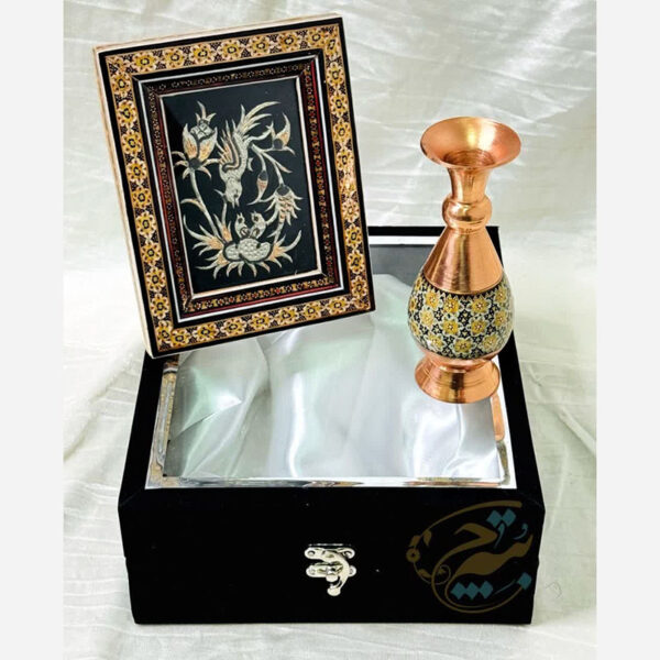پک هدیه خاتم کاری گلدان 16 و تابلو تک گل - Image 6