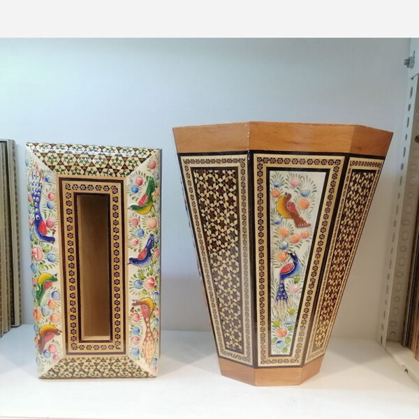 ست جعبه دستمال کاغذی و سطل  خاتم کاری مدل گل و مرغ  چوبی - Image 5