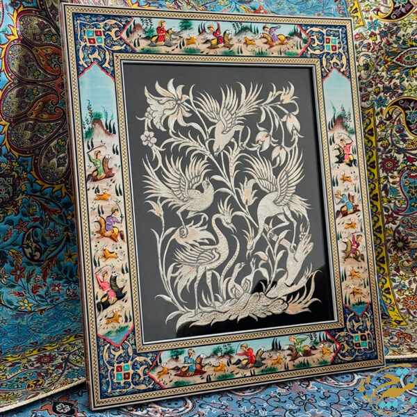 تابلو قلم زنی همراه با قاب اسب و شکار - Image 5