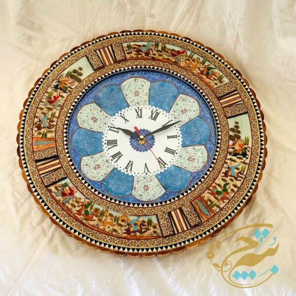 ساعت دیواری خاتم کاری گرد طرح چوگان - Image 4