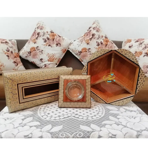 ست پذیرایی خاتم کاری شکلات خوری ،زیرسیگاری،جعبه دستمال مدل پره وارو - Image 2