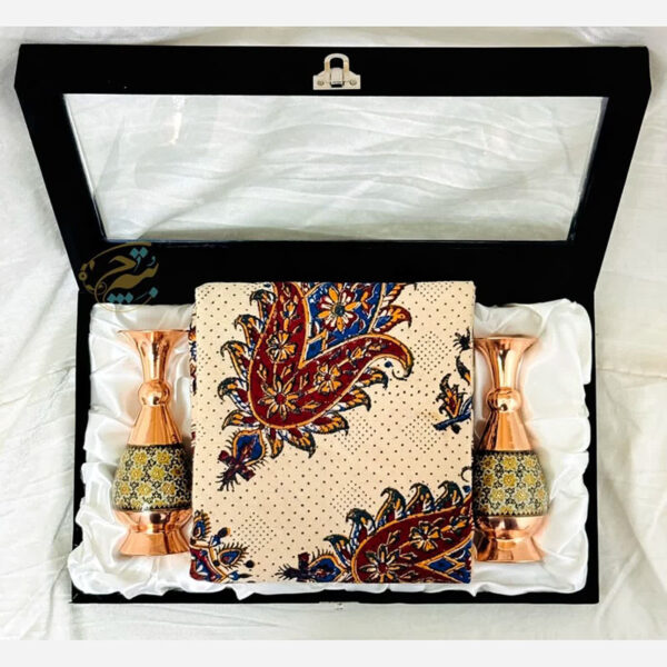 ست هدیه خاتم کاری گلدان و رومیزی قلمکار با جعبه مخمل - Image 8