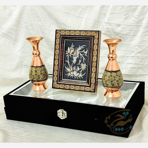 پک هدیه صنایع دستی گلدان خاتم کاری و تابلو - Image 3