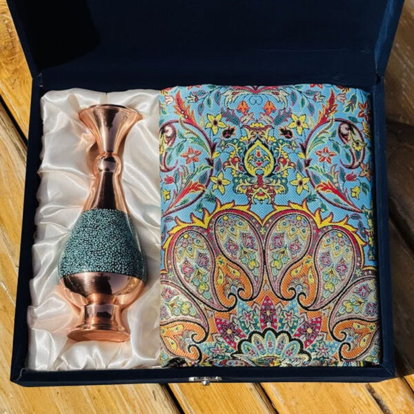ست هدیه اداری ترمه و گلدان مس و فیروزه 20 با جعبه قلمکاری - Image 6