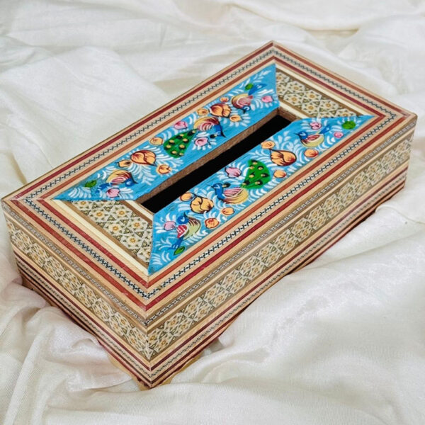 جعبه دستمال کاغذی خاتم چوبی نقاشی گل و مرغ - Image 4