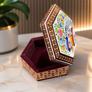 جعبه خاتم کاری چوبی مدل شش گوش طرح گل و بلبل