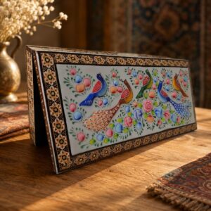 جعبه خاتم کاری استخونی مدل گل و بلبل بزرگ