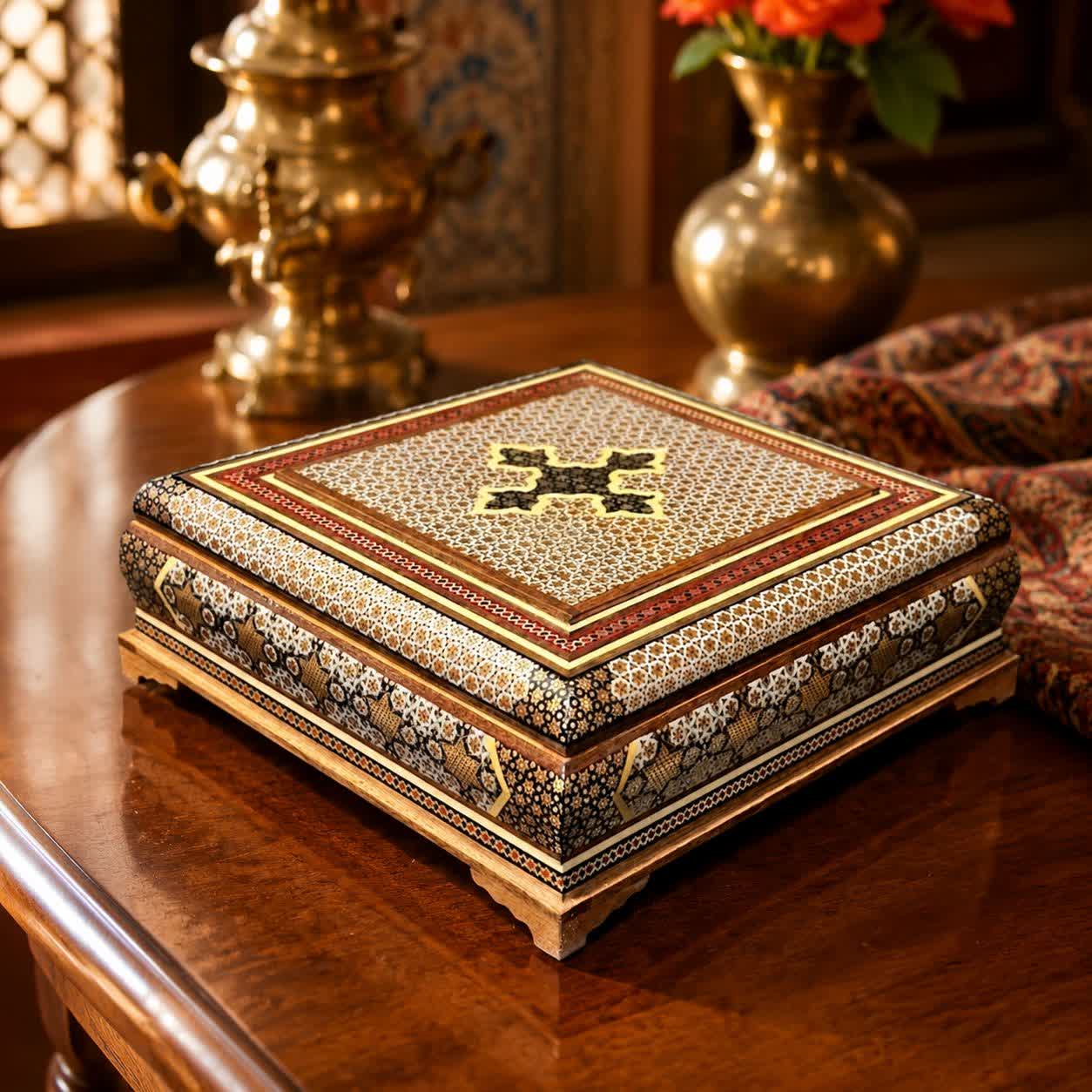 photo27461168538.jpg جعبه خاتم کاری توپی 25در25 سانتی لولایی داخل راش - Image 1