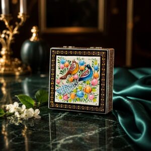 جعبه خاتم کاری استخونی مدل گل و بلبل 10در10