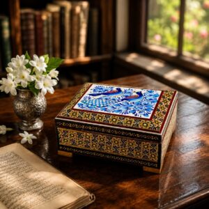 جعبه خاتم کاری استخونی مدل گل و بلبل آبی 10در12