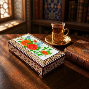 جعبه خاتم کاری گل و مرغ پرداز
