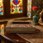 جعبه دستمال کاغذی خاتم کاری  مدل گل و مرغ قرمز
