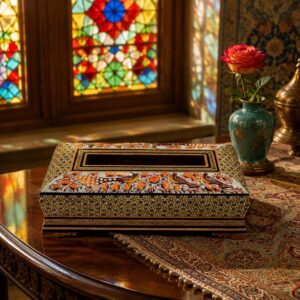 جعبه دستمال کاغذی خاتم کاری  مدل گل و مرغ قرمز