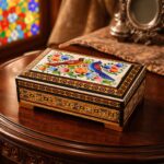 جعبه خاتم کاری تک گل استخونی مدل گل و بلبل 8در11