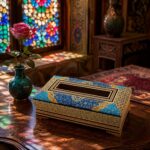 جعبه دستمال کاغذی خاتم کاری تذهیب طرح پره وارو