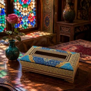 جعبه دستمال کاغذی خاتم کاری تذهیب طرح پره وارو