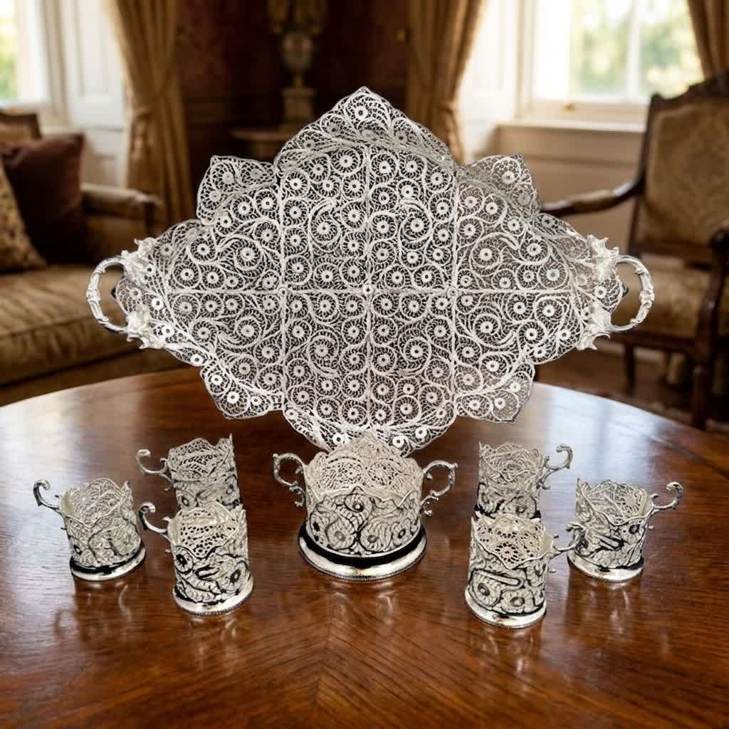 photo28654528008 سرویس پذیرایی نفیس ملیله کاری (سینی بزرگ، قندان و چایخوری) - Image 1