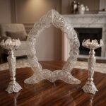 قاب آینه ملیله کاری بیضی شماره پنج و شمعدان قلمی