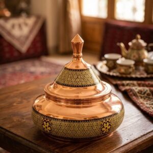 قندان سفینه مس و خاتم کاری شالدار کوچک