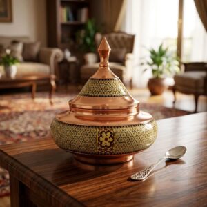 قندان سفینه مس و خاتم کاری شالدار متوسط