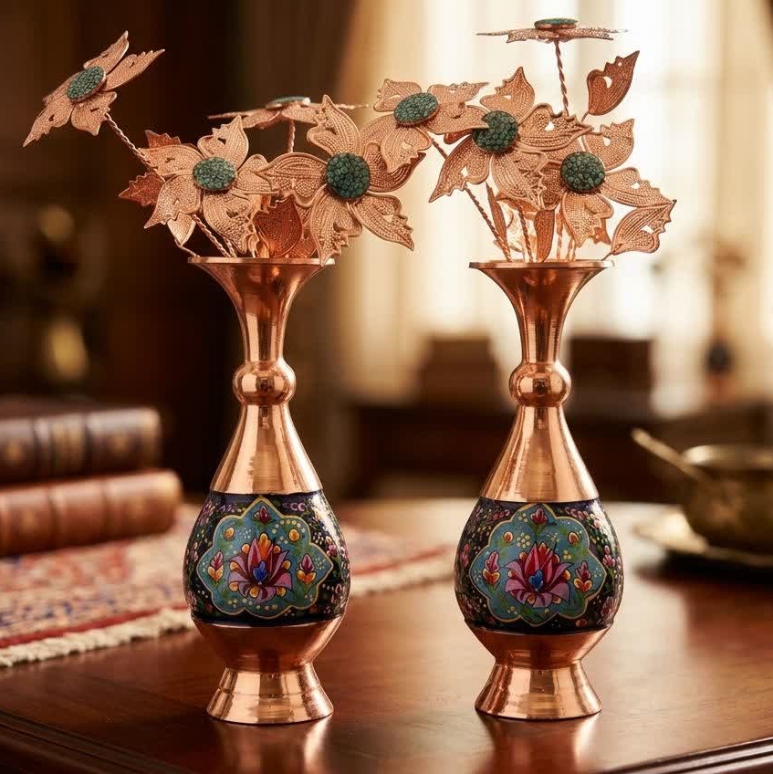 photo28892360269 گلدان مسی طرح پرداز ارتفاع 20 سانتی بسته دو عددی - Image 1