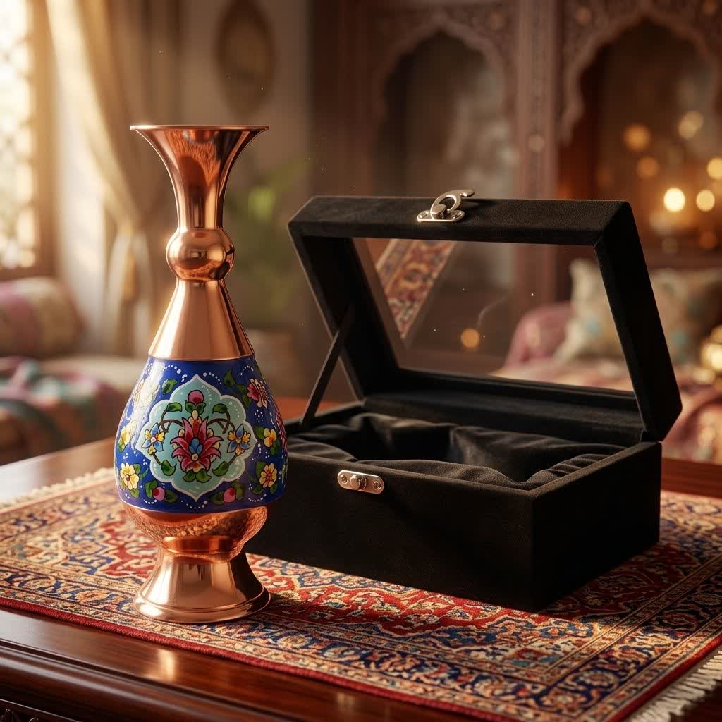 photo28931540331 گلدان مسی 20 سانتی مدل پرداز به همراه جعبه فانتزی - Image 1