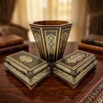 ست جعبه دستمال کاغذی و سطل و جا کاردی خاتم کاری مدل توپی
