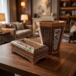 ست جعبه دستمال کاغذی و سطل خاتم کاری مدل گل و مرغ چوبی
