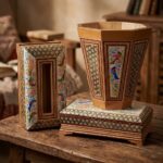 ست جعبه دستمال کاغذی و جا قاشقی با سطل خاتم کاری