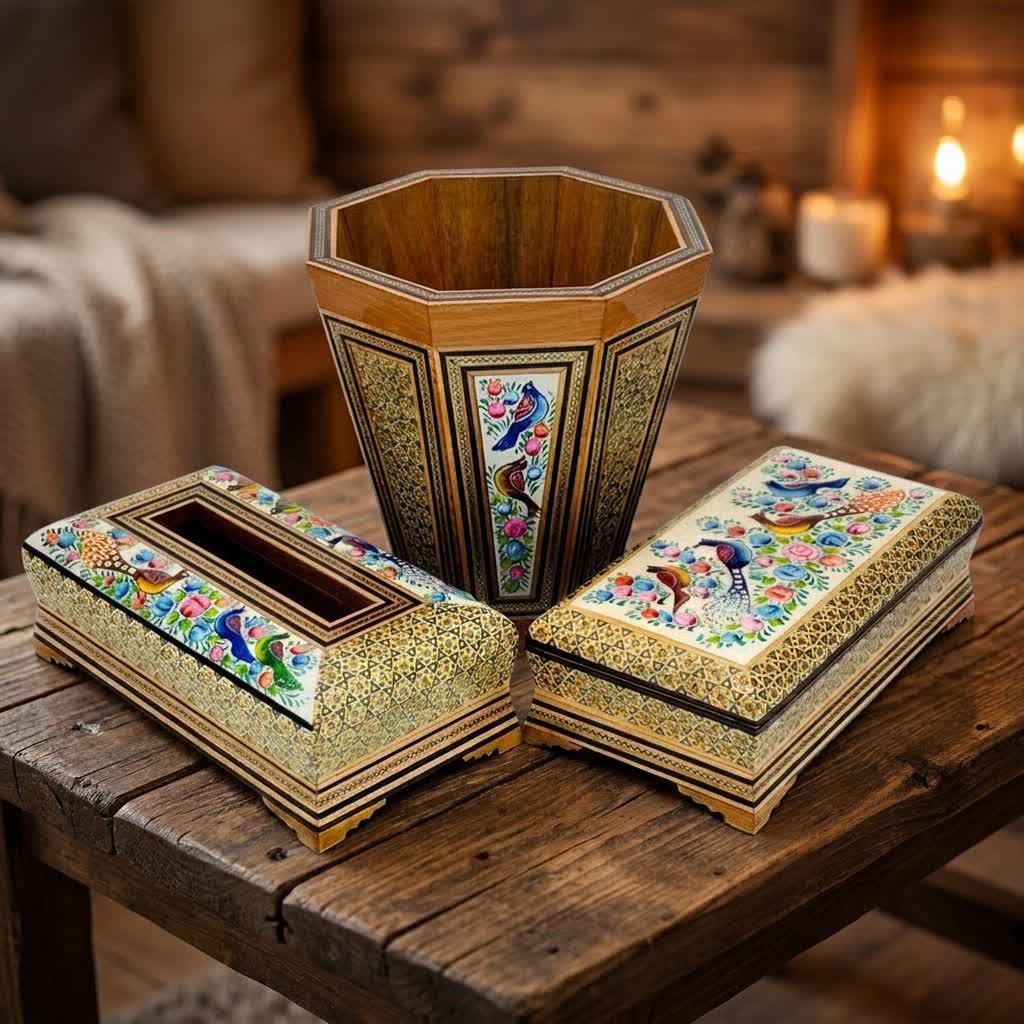 photo29451522204 ست سه تیکه خاتم کاری جعبه دستمال کاغذی،جاکاردی،سطل مدل گل و مرغ - تصویر 1