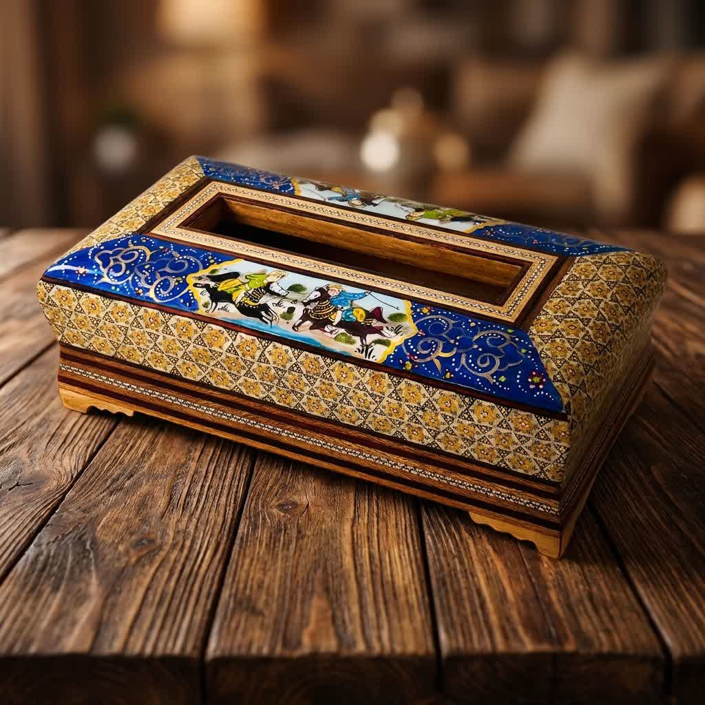 photo29451548057 جعبه دستمال کاغذی خاتم کاری چوگان - Image 1