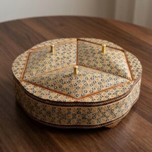 شکلات خوری خاتم کاری سه درب طرح گلی شش ضلعی تو راش سایز 23در23