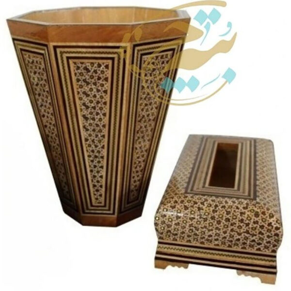 جعبه دستمال کاغذی و سطل بزرگ خاتم کاری استخونی - Image 3