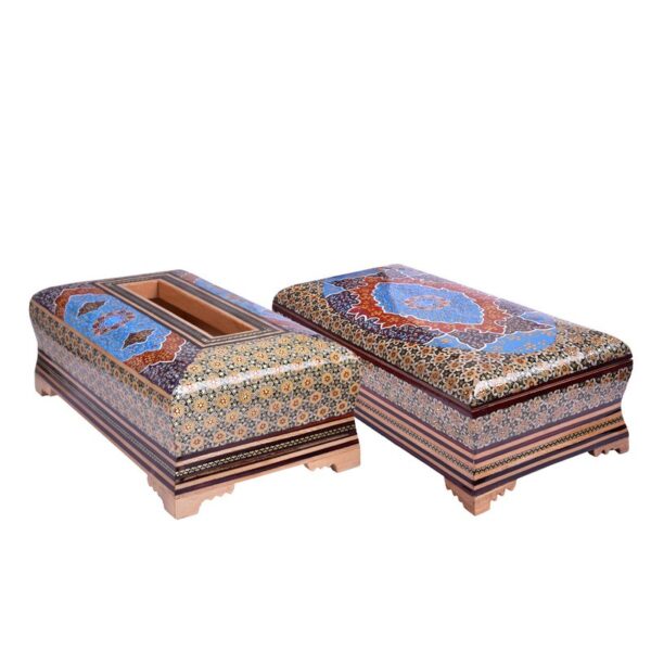 ست جعبه دستمال کاغذی و سطل و جا کاردی خاتم کاری طرح تذهیب - Image 3