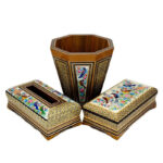 ست سه تیکه خاتم کاری جعبه دستمال کاغذی،جاکاردی،سطل مدل گل و مرغ - Image 7