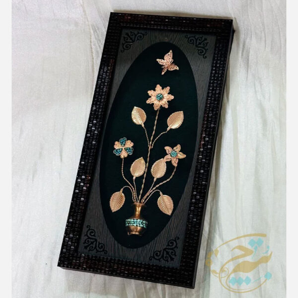 ست هدیه اداری گلدان مسی الماس تراش و تابلو فیروزه کوبی - Image 9