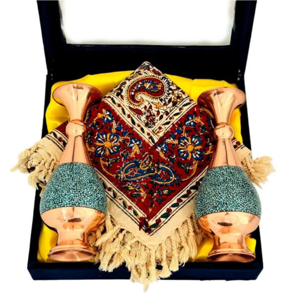 ست اداری رومیزی قلمکار و گلدان مس و فیروزه 20سانتی - Image 3