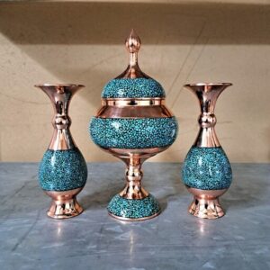 ست شکلات خوری فیروزه کوبی20 و گلدان فیروزه کوبی16