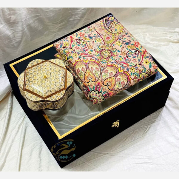ست هدیه خاتم کاری ترمه و قندان چوبی - Image 5