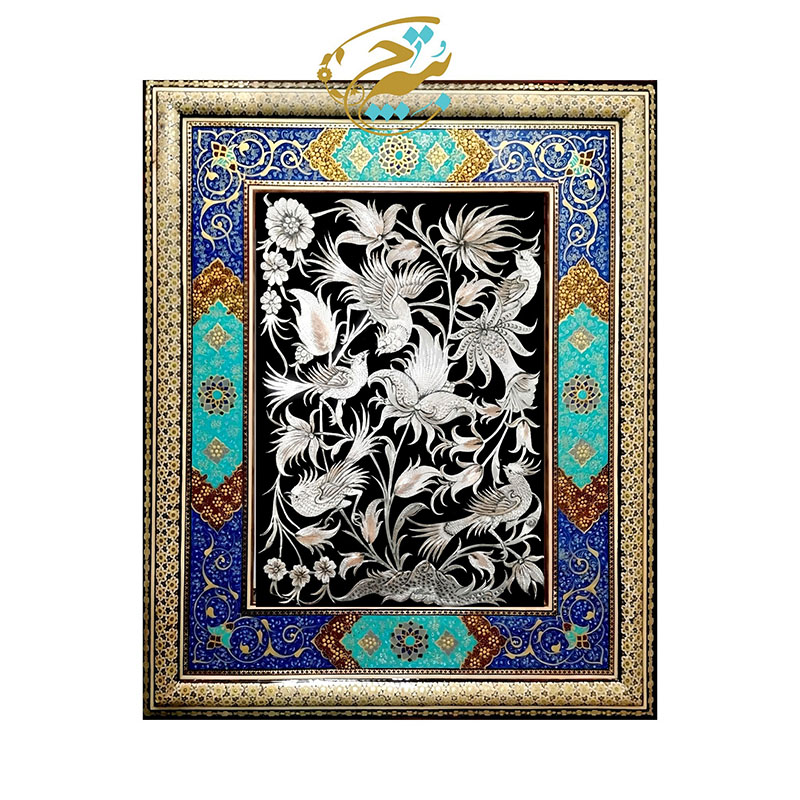 zy238MPih7Cd0AzvQJZNIzhw7R0czuRshiPmEeOshlYOQbXwty.jpg تابلو قلمزنی مسی با قاب خاتم کاری تذهیب 50در60 - Image 1