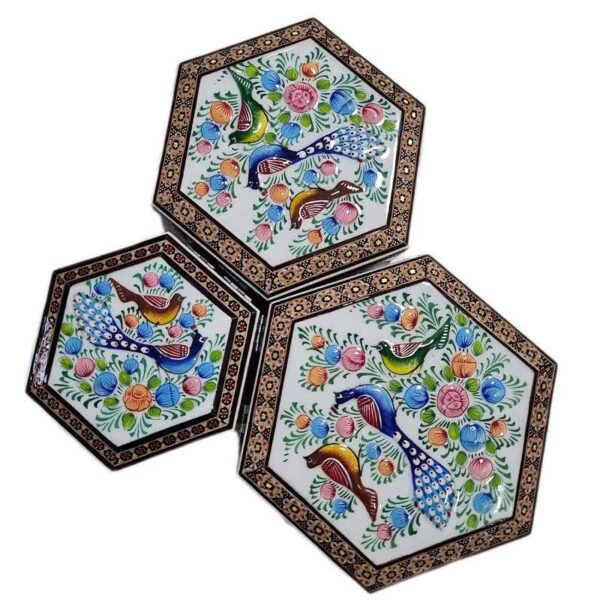 جعبه خاتم کاری چوبی مدل شش گوش طرح گل و بلبل - Image 6