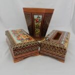 ست جعبه دستمال کاغذی و سطل و جا کاردی خاتم کاری چوگان - Image 2