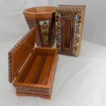 ست جعبه دستمال کاغذی و سطل و جا کاردی خاتم کاری چوگان - Image 3