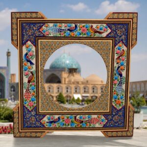 آینه خاتم کاری طرح گل و بلبل چهارگوش