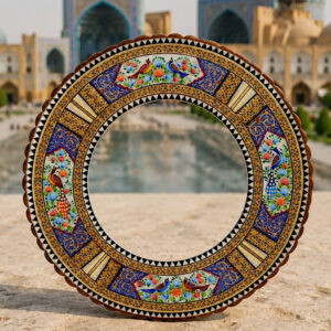 آینه خاتم کاری طرح گل و بلبل گرد