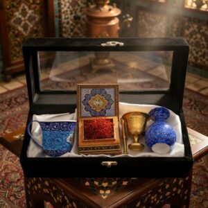 پک هدیه زعفران به همراه ظروف مینا کاری و جعبه خاتم کاری تذهیب